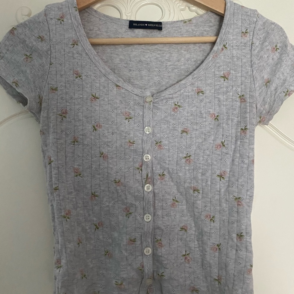 brandy melville gray floral button up top